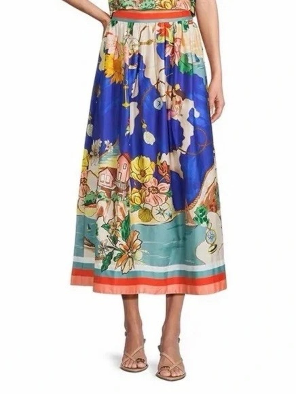ANTONIO MELANI Sea La Vie Evie Ocean Print Midi Skirt Sz 14 100%Cotton NWT